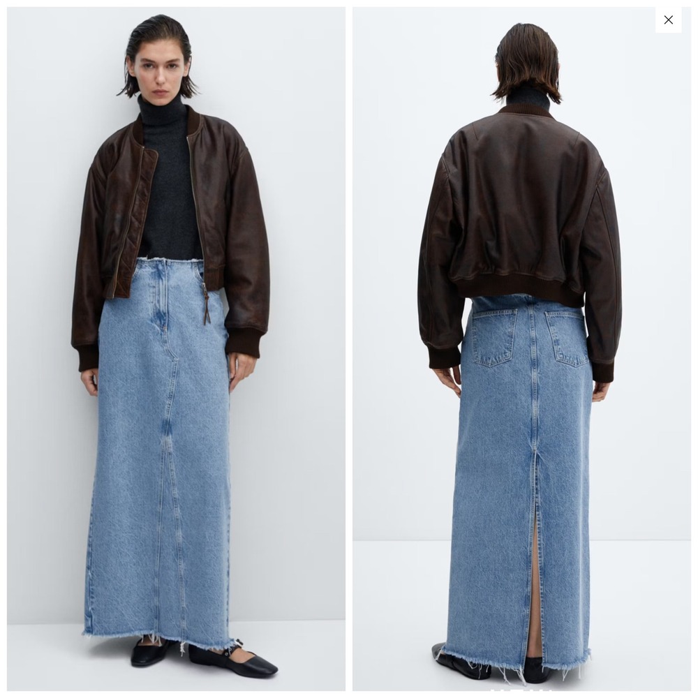 Mango Circular Design Long Denim Skirt Medium Blue Maxi Frayed Hem 57050476 Sz S
